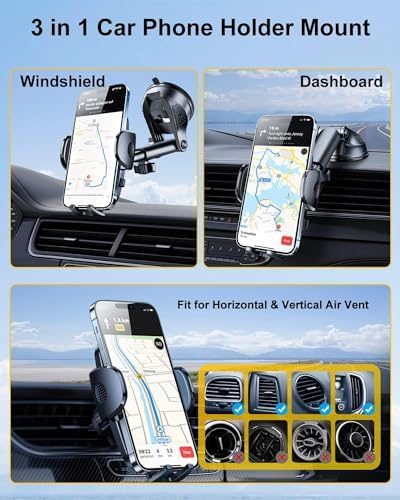 3-in-1 Phone Holders for Your Car [2025 Most Stable and Flexible Suction Cup] Vent Dashboard Windshield Cell Phone Car Mount Fit for iPhone, Samsung, All Phone – Enhanced Compatibility and Speed