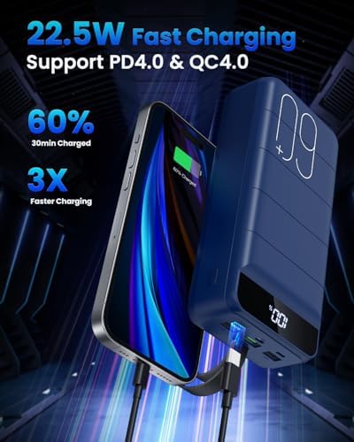 Ultimate 60000 m Ah Portable Charger – 22.5 W High-Speed Power Bank with LED Display, Multi-Device Support & Versatile USB-C, Micro USB, Lightning Inputs – Ideal for Travel, Camping, and Everyday Use – Stay Charged Anywhere, Anytime