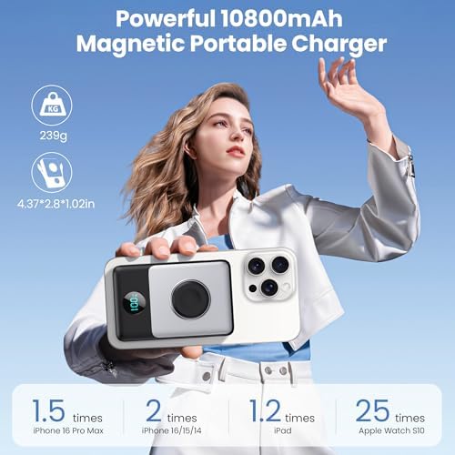 Ultimate 6-in-1 Magnetic Portable Charger, 10800 m Ah Power Bank for i Phone – Features Integrated Cables, Wireless Charging for Apple Watch, Smart LCD Display, and 25 W PD Fast Charging – Perfect Travel Accessory for All Devices with Enhanced Safety Features and Compatibility for i Phone 12 to 16 Series