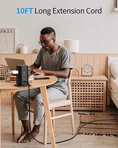 10 ft NTONPOWER Power Strip Tower with 8 Outlets & 5 USB Ports – Premium Surge Protector with Individual Switches, 1080 Joules Protection, 13 A Circuit Breaker – Ideal for Home Office & Entertainment Setup, Sleek Black Design for Ultimate Convenience