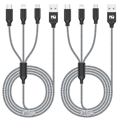 Versatile 3-in-1 Charging Cable (2 ft, 2 Pack) – Nylon Braided Fast Charging Cord for Apple & Android Devices – Compact Travel Essential with Enhanced Durability and Compatibility – Ideal for Lightning, Micro USB & USB-C Connections