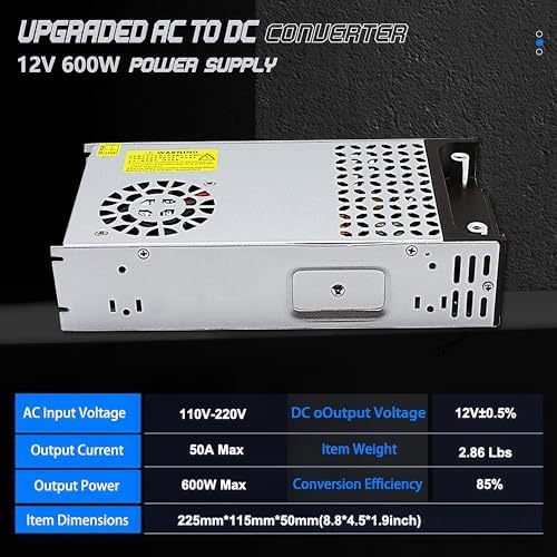 High-Performance 12 V 50 A AC to DC Power Supply – 600 W Universal Switching Converter for LED Strip Lights, CCTV Systems & RV Applications – Enhanced Safety Features & 110 V/220 V Compatibility for Reliable Power Delivery