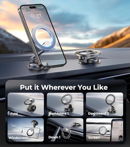 Revolutionary Qi2 Mag Safe Car Mount for i Phone 16 Pro Max – 2-in-1 Dashboard & Air Vent Holder with Strong Adhesive, Heat-Resistant Design, 360° Rotational Capability & Magnetic Convenience for Enhanced Driving Safety and Seamless Access to Navigation & Music