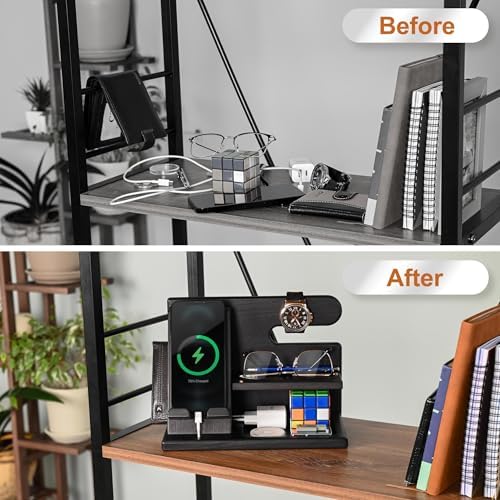 TESLYAR Wood Phone Docking Station for Men – Desktop or Nightstand Organizer – Birthday Gifts for Men, Dad – Anniversary Idea from Wife – Key Holder, Stand Wallet, Watch & Essentials (Antique Brown) – Enhanced Compatibility and Speed