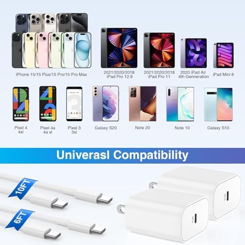 High-Efficiency 20 W USB-C Fast Charger for i Phone 16 & i Pad Pro – Versatile 6 ft & 10 ft Type C Charging Cables with Robust Wall Adapter for Quick Power Boosts – Perfect for i Phone 16 Pro Max, 15 Plus, and All i Pad Models – Maximize Your Charging Flexibility and Efficiency