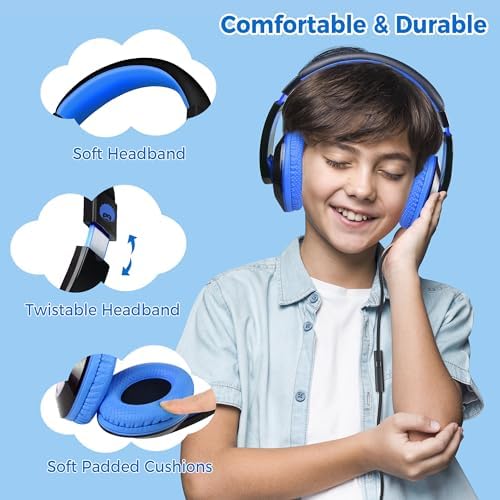 Rockpapa Kids Over-Ear Headphones – Lightweight Wired Audio Gear for School, Travel, and Home – Stylish White and Blue Design for Boys and Girls – Immersive Sound Quality with Adjustable Comfort and Durable Build for Young Audiophiles
