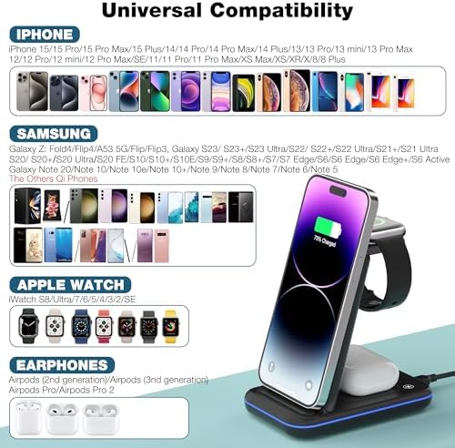 Ultimate 3-in-1 Wireless Charging Station for i Phone, Apple Watch, and Air Pods – Fast Charge with Ergonomic Design, Enhanced Compatibility, and Safety Features for Home, Office, and Travel Use