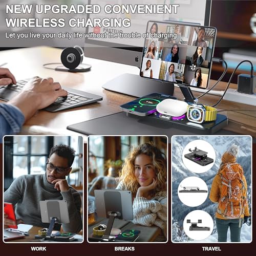 Multi-Device Wireless Charging Station with Clock & 7-Color Ambient Light for i Phone 16/15/14, Apple Watch 10/9/8, and Air Pods 4/3/2 – High-Speed 30 W Dock for i Pad and Samsung Devices, Stylish Desk Organizer with Soothing Illumination