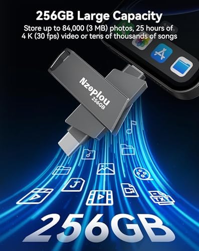 256 GB Lightning & USB-C Flash Drive for i Phone/i Pad – Ultra-Fast USB 3.0 Memory Stick for Effortless Photo & Video Backup – Plug & Play External Storage Solution (Sleek Silver Design) – Perfect for Seamless Data Management and Expansive Memory Needs