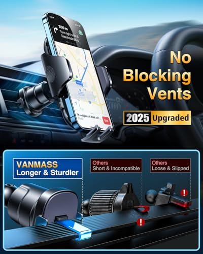 VANMASS Ace Car Phone Holder Mount – Upgraded Military Steel Hook & Super Suction Cup for Ultimate Hands-Free Navigation – Compatible with i Phone 14, 13, 12 Pro Max & Samsung – Versatile Dashboard, Windshield & Air Vent Stand for Enhanced Driving Safety