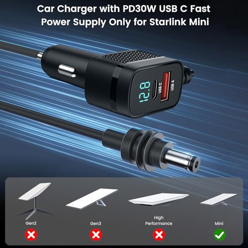 weishan 16ft Car Charger Cable for Starlink Mini, 12V-48V Car Charging Cord, PD30W USB-C and USB Digital Display Power Supply Adapter for Satellite, 5m Long, 18AWG – Enhanced Compatibility and Speed