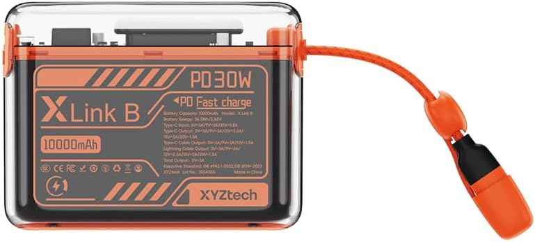 Ultimate Travel Companion: X Link B 10,000 m Ah Power Bank with Dual USB-C & Lightning Cables, Fast Charging, Flashlight Feature, i Phone & Samsung Compatible, Sleek Orange Design for On-the-Go Power