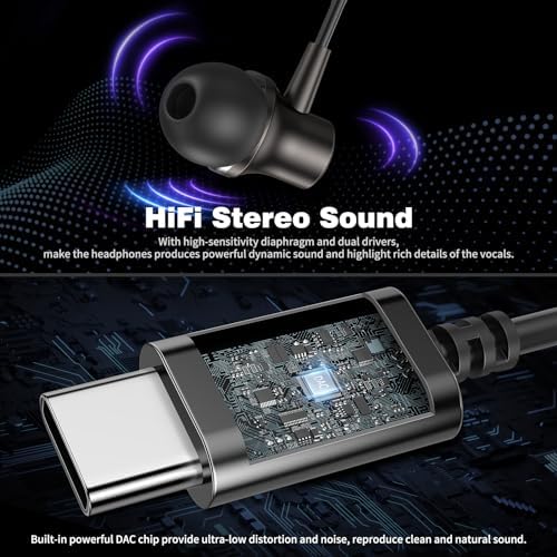 COOYA Premium USB C Wired Earbuds: Superior Noise-Canceling In-Ear Headphones with Magnetic Bass & Built-In Mic – Compatible with i Phone 16, Samsung Galaxy S25 Ultra, Google Pixel Devices – Exceptional Comfort for Music, Gaming, and Calls