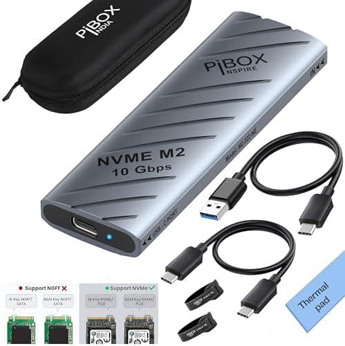 High-Speed Pibox India NVMe M2 Enclosure with Fan – USB 3.2 10 Gbps Tool-Free SSD Adapter for 2230/2242/2260/2280 M & B&M Keys – PCI-E NVMe Reader with Enhanced RTL9210 Performance and Heat Dissipation Solutions