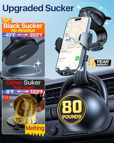 HTU Premium Adjustable Suction Car Phone Holder with Bendable Arm – Ultimate Dashboard and Windshield Mount for i Phone 16, 15, 14, 13, 12 Pro Max (Black) – Secure Grip, 360-Degree Rotation, Enhanced Safety and Usability