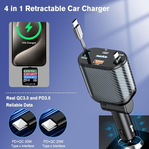 Magjieyx 62 W Retractable Car Charger: 4-in-1 Fast Charging Adapter for Ultimate On-the-Go Power – Compatible with i Phone 16/15/14/13/12 Pro Max Plus, i Pad, Air Pods, Galaxy – Quick Charge & Power Delivery Enabled for Rapid Device Charging – Tangle-Free Convenience for Commuters and Travelers