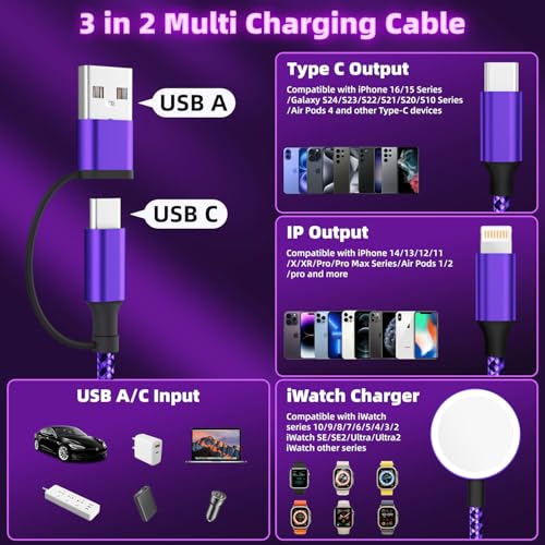 Travel Essentials 3-in-1 Charging Cable for Apple Watch & i Phone | Versatile 5 FT USB A/C to Type C Charger | Fast-Power Solution for Modern Travelers | Ultra-Lightweight & Portable Dual Compatibility | Convenient 2-Pack for Effortless Charging on the Go
