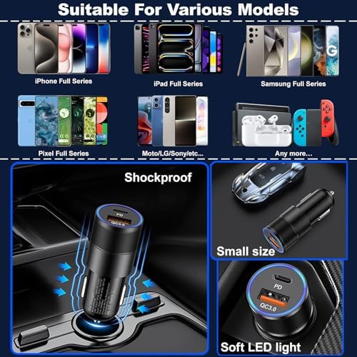 38 W Dual Port Fast Car Charger for i Phone 16 & 15 – Includes 2 Braided 6 ft USB-C Cables & 40 W Wall Adapter – Quick Charge 3.0 Cigarette Lighter Adapter for i Pad, Samsung & Tablets – Ultimate On-the-Go Charging Solution