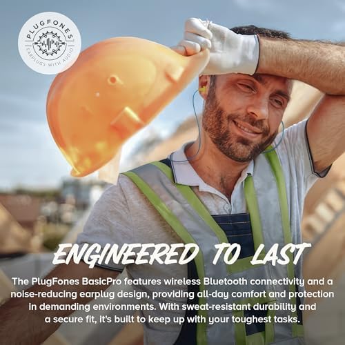 Plugfones Basic Pro Wireless Bluetooth Earplug Headphones – OSHA Compliant Noise Reduction Earbuds with 25 d B Protection, Noise Isolating Mic, and Stylish Blue & Yellow Design for Enhanced Comfort and Audio Performance