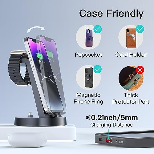DUMTERR 3-in-1 Wireless Fast Charging Dock – Streamlined Charging Solution for i Phone 14 Pro Max/13/12/11/X/8 Plus, Air Pods & All Apple Watch Models (8/Ultra/7/6/SE/5/4/3/2) – Space-Saving Design with Enhanced Safety Features for a Modern Workspace and Effortless Multi-Device Power-ups