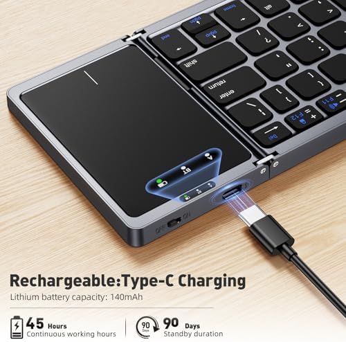 Ultra-Slim Foldable Bluetooth Keyboard with Touchpad – Portable Wireless Keyboard for Travel, Multi-Device Compatibility with Android, Windows, i OS – Lightweight Pocket-Sized Design with Built-in Stand for Effortless Typing on the Go