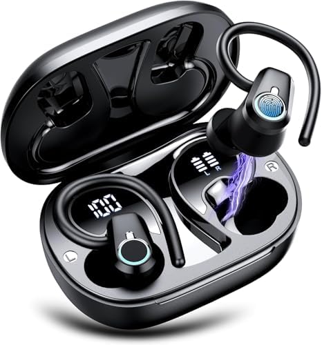 Poounur Bluetooth 5.3 Wireless Sport Earbuds – 50 Hours Playtime, IP7 Waterproof, Noise-Cancelling Headphones with Earhooks and Dual LED Display for Ultimate Comfort and Sound Quality – Perfect for Active Lifestyles and Outdoor Adventures
