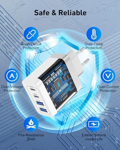 Ultimate European Travel Plug Adapter with 4 USB-C Fast Charging Ports and 10 FT Type C Cable – High-Power 40 W Wall Charger for i Phone 16/15 Pro Max and Samsung S24/S23 – Seamless Power Solution for Your European Journey