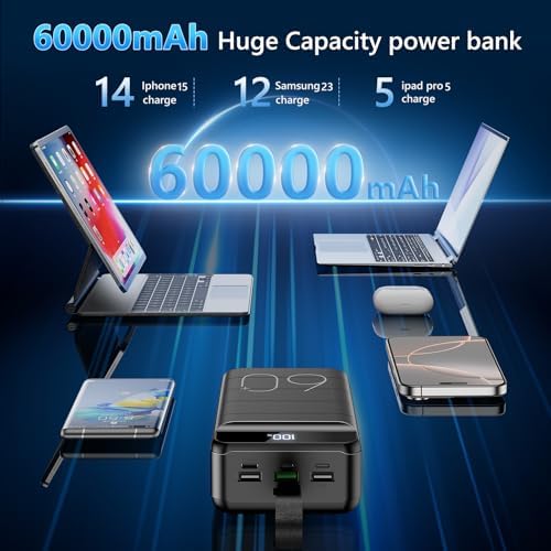 High-Capacity 60000 m Ah Power Bank with 22.5 W Fast Charging, 4 Device Outputs & 3 Input Options, LED Display & Built-in Flashlight – Ultimate Portable Charger for All Electronic Devices