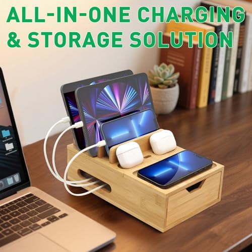 Eco-Friendly Bamboo Charging Station for Multiple Devices – Sleek Desktop Organizer with Drawer & Tray, Includes 6 Versatile Charging Cables, Compatible with Cell Phones, Tablets & Earphones – Fast Charging Solution for a Clutter-Free Workspace