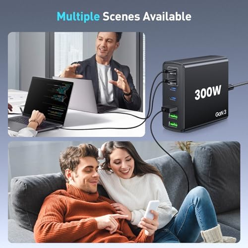 Power Up Efficiently: 300 W 7-Port USB-C Fast Charger Station – Dual PPS PD 100 W Laptop Power Adapter for Multi-Device Charging – Compact & Reliable Wall Hub in Blue – Perfect for Home & Office Use