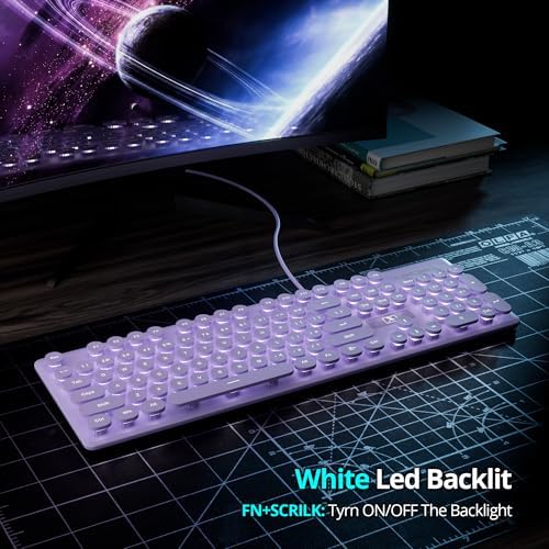 Elevate Your Workspace with the Fogruaden Retro Typewriter Keyboard – Stylish Full-Size USB Design, 104 Round Keys, and White LED Backlighting for Effortless Night Use, Ergonomic & Silent Membrane Keys Perfect for Windows PC and Laptops, Ideal for Writers and Gamers Seeking a Unique Vintage Touch