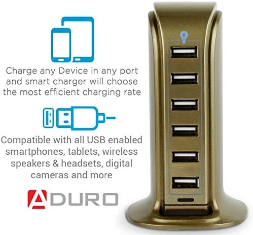 Aduro 40 W 6-Port USB Desktop Charging Hub – Multi-Device Power Station with Smart Flow Technology for Fast Charging i Phones, i Pads, and Smartphones – Sleek, Compact Design for Home and Office Use – Reliable Safety Features Ensure Optimal Device Protection