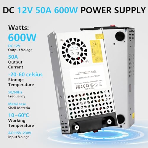 High-Performance 110 V AC to 12 V DC Power Supply Transformer – 50 A 600 W Switching Mode Adapter for CCTV Systems, 3 D Printers, and Security Equipment – Unmatched Efficiency and Broad Compatibility