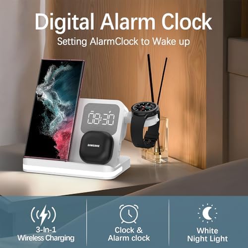Revolutionary 5-in-1 Wireless Charging Station with Digital Clock, Night Light, and Temperature Display – 15 W Fast Charge for Qi Phones, Smartwatches & TWS Earbuds – Enhanced Safety Features and Space-Saving Design for Home or Travel