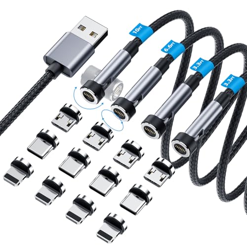 Revolutionize Your Charging with the 540° Magnetic Rotation Cable – 3 in 1 Fast Charger for i Phone, Micro USB & Type C – 4-Pack (3 ft, 3 ft, 6 ft, 10 ft) – Superior Data Transfer & Ultimate Compatibility for Effortless Power Anywhere