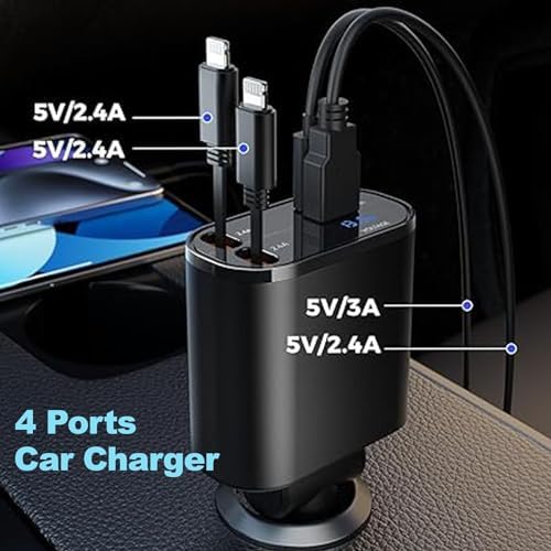 High-Power 4-in-1 Retractable USB C Car Charger – 120 W Fast Charging Adapter with 2.6 ft Type C Cable, QC 3.0 & PD 3.0 Compatibility for i Phone 12/13/14/15, Samsung Galaxy, i Pad, Google Pixel & More – Compact & Safe Charging Solution for On-the-Go Power Needs