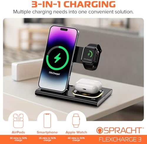 Spracht Flex Charge 3-in-1 Portable Charging Station – 25 W Fast Wireless Charger for Smartphones, Smartwatches, and Earbuds with Integrated Night Light – Foldable Travel-Friendly Design for Enhanced Device Compatibility – Sleek Black Finish for Home and On-the-Go Power Solutions