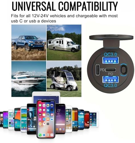 12 V Waterproof USB Charger with 4 Quick Charge 3.0 Ports – Essential Multi-Port Outlet for Marine, RV, Motorcycle & Golf Cart – Reliable Power Solution with Integrated Switch for Enhanced Device Compatibility