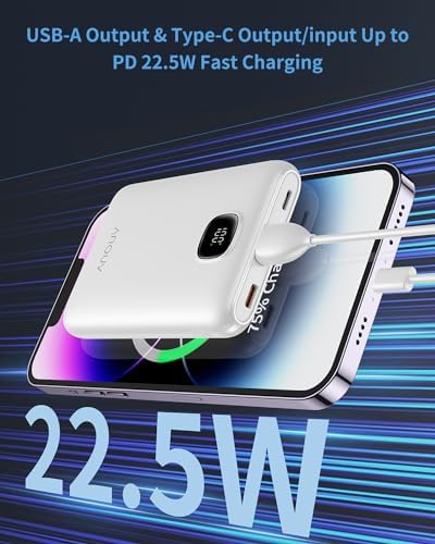 Ultra Slim ANOUV 10,000 m Ah Portable Charger – Fast Charging Power Bank with PD 22.5 W & QC 3.0 for i Phone and Android Devices – Lightweight External Battery for On-the-Go Charging Needs