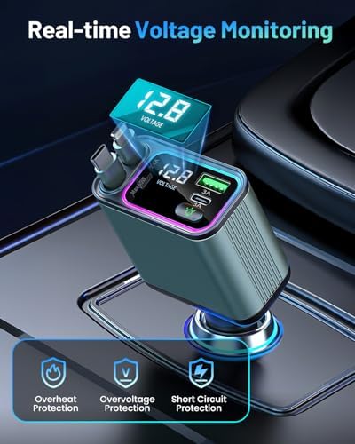 Versatile 4-in-1 Retractable Car Charger with RGB Lighting – 92 W Fast Charging USB-C Adapter for i Phone, Galaxy, and Pixel – Compact & Stylish Car Phone Charger for Effortless Power Management – Essential Car Accessory for Tech-Savvy Drivers