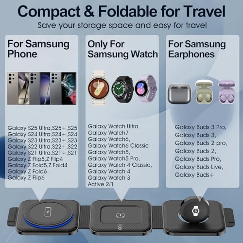 Compact 3-in-1 Foldable Wireless Charging Hub for Samsung Devices – Ultimate Travel Solution for Galaxy S25 Ultra, S24, Z Flip 6/5, Watch 7, and Buds Pro3 – Safe, Sleek, and Efficient Docking Station for All Your Charging Needs – Ideal for Home, Office, and On-the-Go Power Management – Space-Saving Design with Advanced Safety Features – Includes USB Type-C Cable and 18 W Power Adapter – Elevate Your Charging Experience with This Versatile, Multi-Device Station