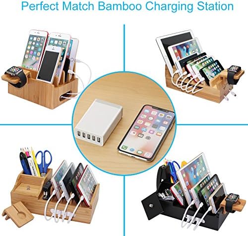 Eco-Friendly Bamboo Multi-Device Charging Station by Pezin & Hulin – Ultimate Organizer for Smartphones, Tablets & Smartwatches with 5 High-Quality Charging Cables – Efficient, Clutter-Free Design for Home or Office Use