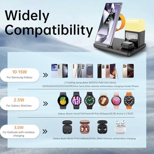 Revolutionize Your Charging Experience with the 6 in 1 Wireless Charging Station for Samsung and Android – Featuring Integrated Alarm Clock and Adjustable Night Light, Compatible with Galaxy S25, S24, S23 Ultra, Galaxy Watch Ultra 7-4, and Buds3 Pro – Fast Charge, Compact Design, Ideal for Streamlined Bedside or Office Setup