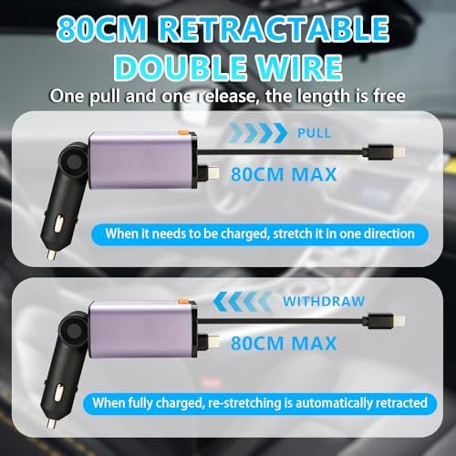 Revamp Your Drive with the 5-in-1 Retractable Car Charger: 60 W Fast Charging, Bluetooth 5.3 FM Transmitter, Hands-Free Calling & Integrated MP3 Player – Dual Retractable Cables & USB Ports for Ultimate Connectivity (Purple) – Elevate Your Mobile Experience on the Go!