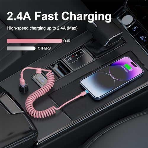Elevate Your Charging Journey with Opluz Pink Coiled Lightning Cables – 2 Pack, MFi Certified i Phone Car Charger Cords for Fast & Efficient Charging Compatible with i Phone 14/13/12/11 Pro Max/XR/XS/X/8/7 and i Pads – Stylish, Tangle-Free Design Perfect for Car Play Integration and On-the-Go Power!