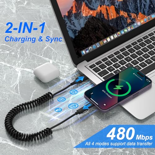 Ultimate 4-in-1 MFi Certified USB C and Lightning Charging Cable – 60 W Fast Charge & Data Sync for Apple Car Play & Android Auto – Tangle-Free Coiled Multi-Device Charging Solution for i Phone, Android, i Pad, and Laptops – Premium Compatibility & Speed Enhancement