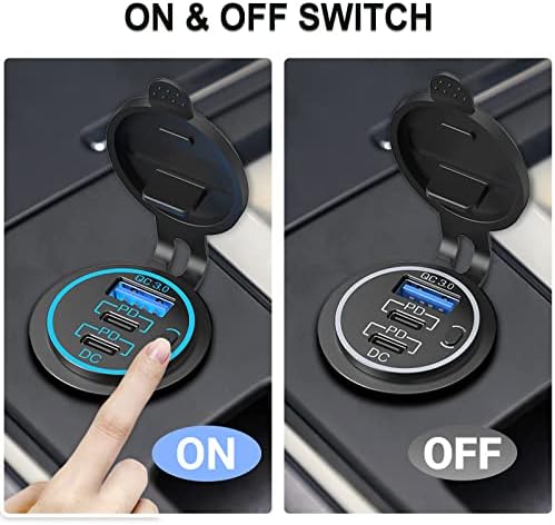 High-Power 58 W USB C Car Charger Socket – Dual 20 W PD3.0 & 18 W QC3.0 Ports for Quick Charging in RVs, Boats, and Motorcycles – Waterproof & Rugged Design with Easy Control Switch for Enhanced Device Compatibility