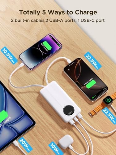 Aioneus 10000 m Ah Portable Charger with Dual Built-in Cables – High-Speed 22.5 W USB-C Power Bank for i Phone 16/15 and Samsung Galaxy S24/S10 e – All-in-One Travel Battery Pack with Intelligent LED Display and Automatic Power Off for Enhanced Device Safety and Compatibility