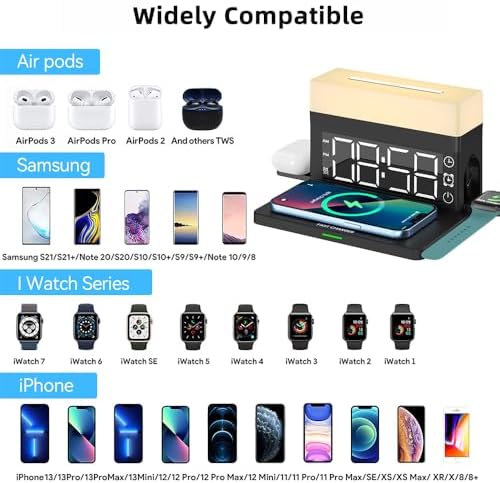 Revolutionary 5-in-1 Wireless Charging Station with Digital Clock, Night Light, and Temperature Display – 15 W Fast Charge for Qi Phones, Smartwatches & TWS Earbuds – Enhanced Safety Features and Space-Saving Design for Home or Travel