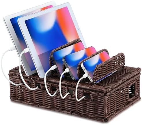Elegant Handwoven Imitation Rattan Cable Management Box – Stylish Desktop Cord Organizer & Charging Station with Removable Divider for Laptops and Tablets – 12.5″L x 5.9″H x 7.6″W (Coffee Color) – Optimize Your Workspace with Enhanced Compatibility and Clutter-Free Design